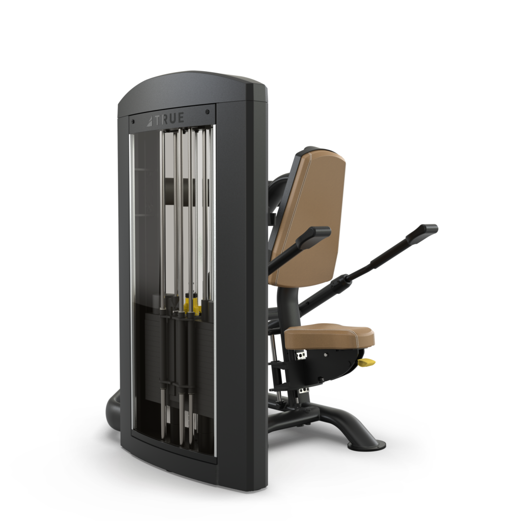 A seated gym machine with a brown cushioned seat, black frame, and weight stack, designed for upper body strength exercises. Two handles extend forward for arm movements.