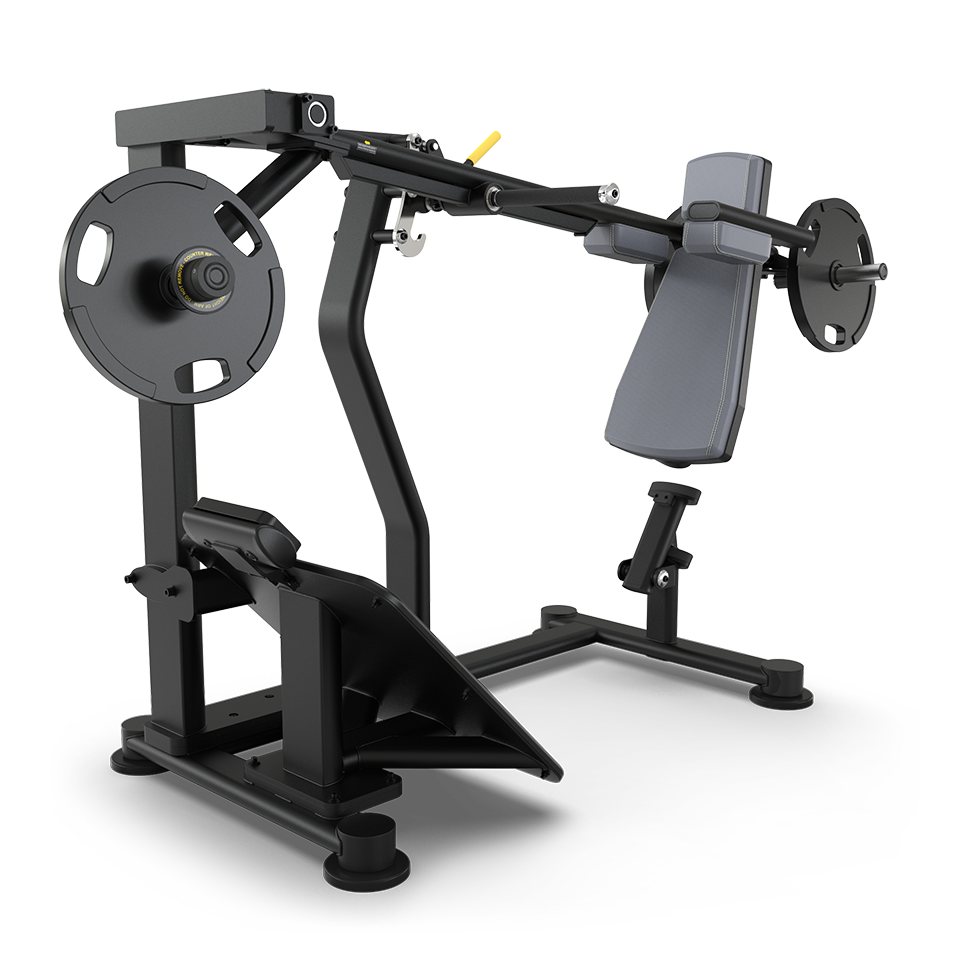 A black and gray plate-loaded chest press machine with padded seat and backrest, angled handles, and weight plates mounted on both sides, designed for strength training exercises.