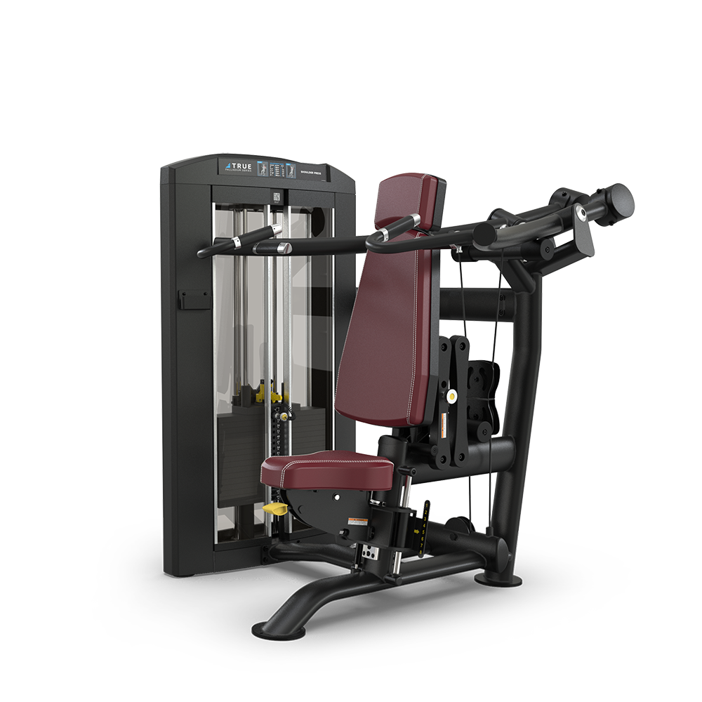 A maroon and black seated chest press machine for strength training, featuring adjustable weights, padded seat and backrest, handles, and a weight stack in a sleek, modern design.