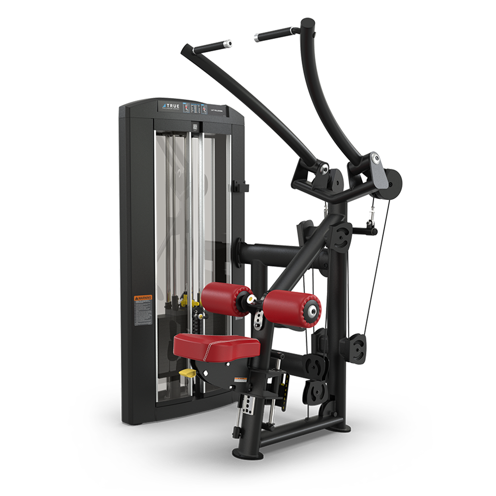 A black and red gym machine with padded seats and adjustable components, designed for upper body workouts, stands against a plain white background.