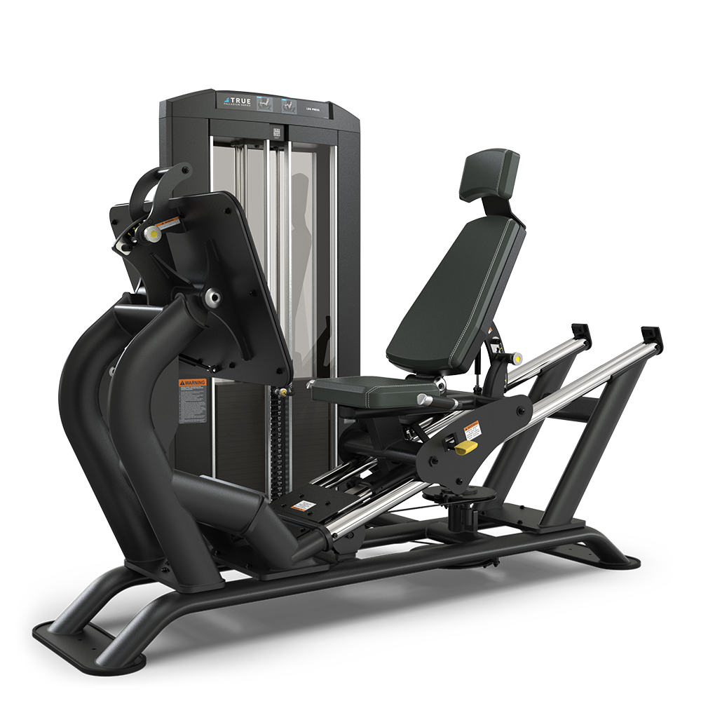 A black, modern leg press machine with padded seat and backrest, adjustable footplate, and weight stack, designed for strength training exercises in a gym or fitness center.