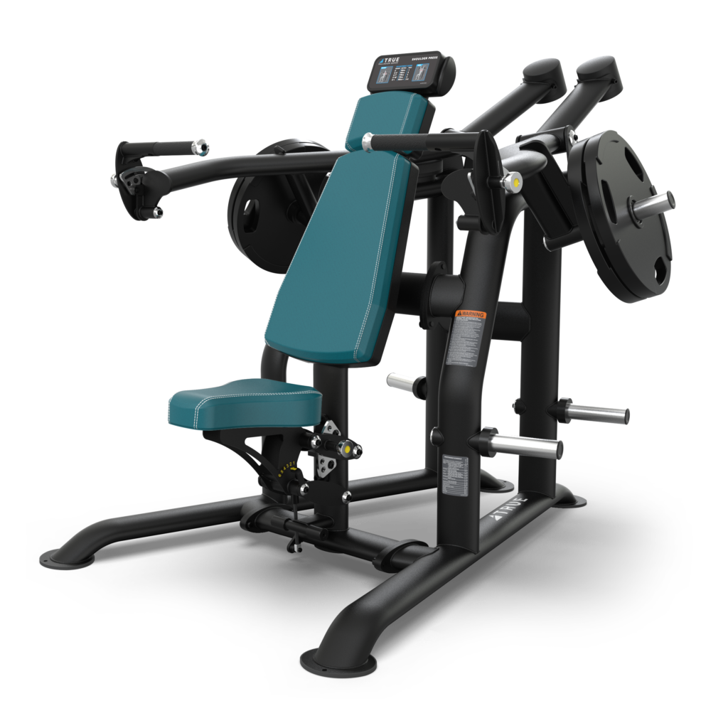 A teal and black plate-loaded chest press machine with padded seat and backrest, handles, and weight holders, designed for strength training in a gym setting.