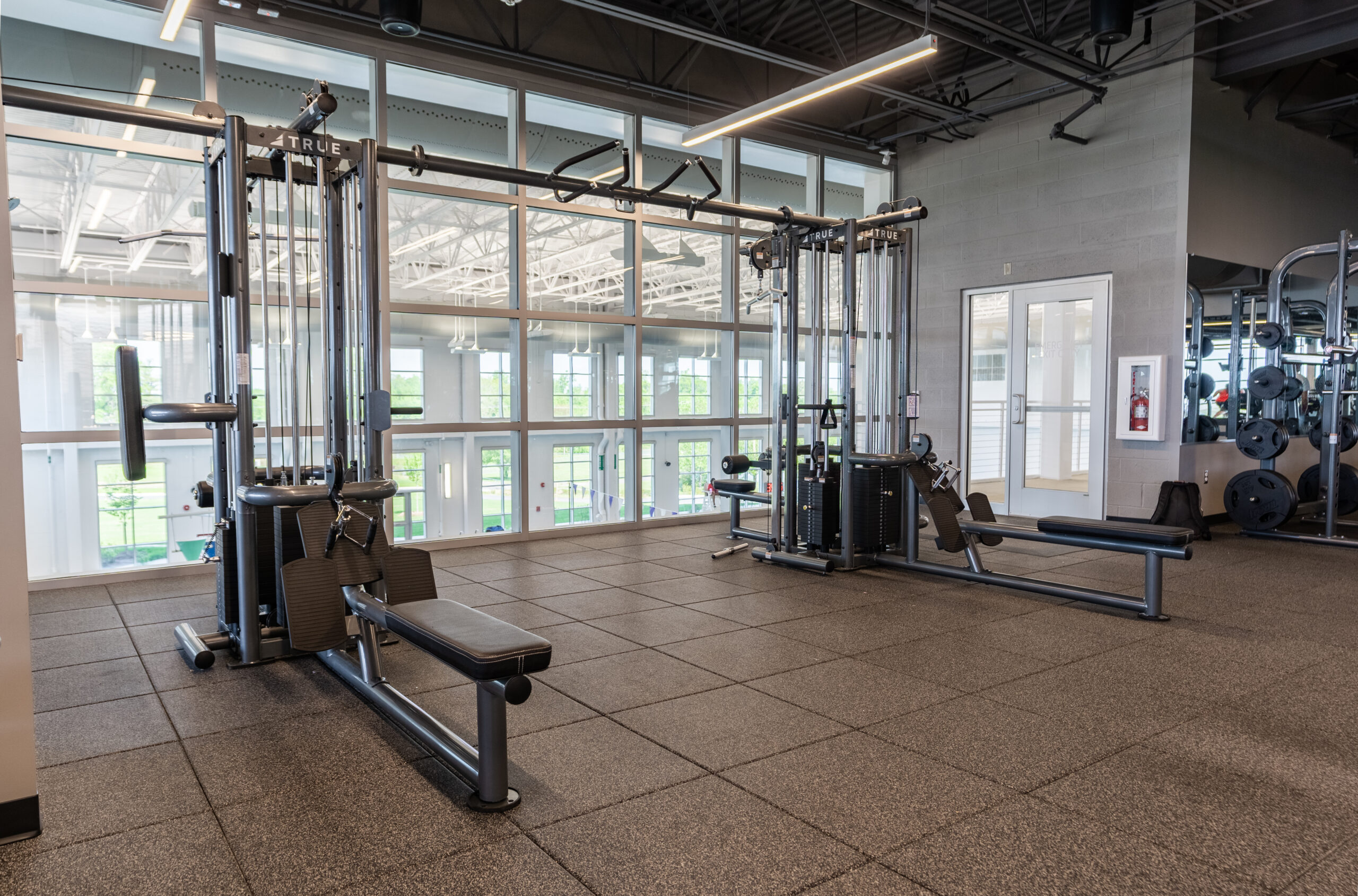 A spacious, modern gym with large windows, natural light, and two cable machine stations on a rubber floor; other fitness equipment is visible in the background.