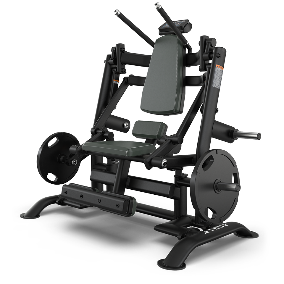 A black and green seated leg press gym machine with weight plates on each side, padded seat and backrest, and angled foot platform, designed for lower body strength training.