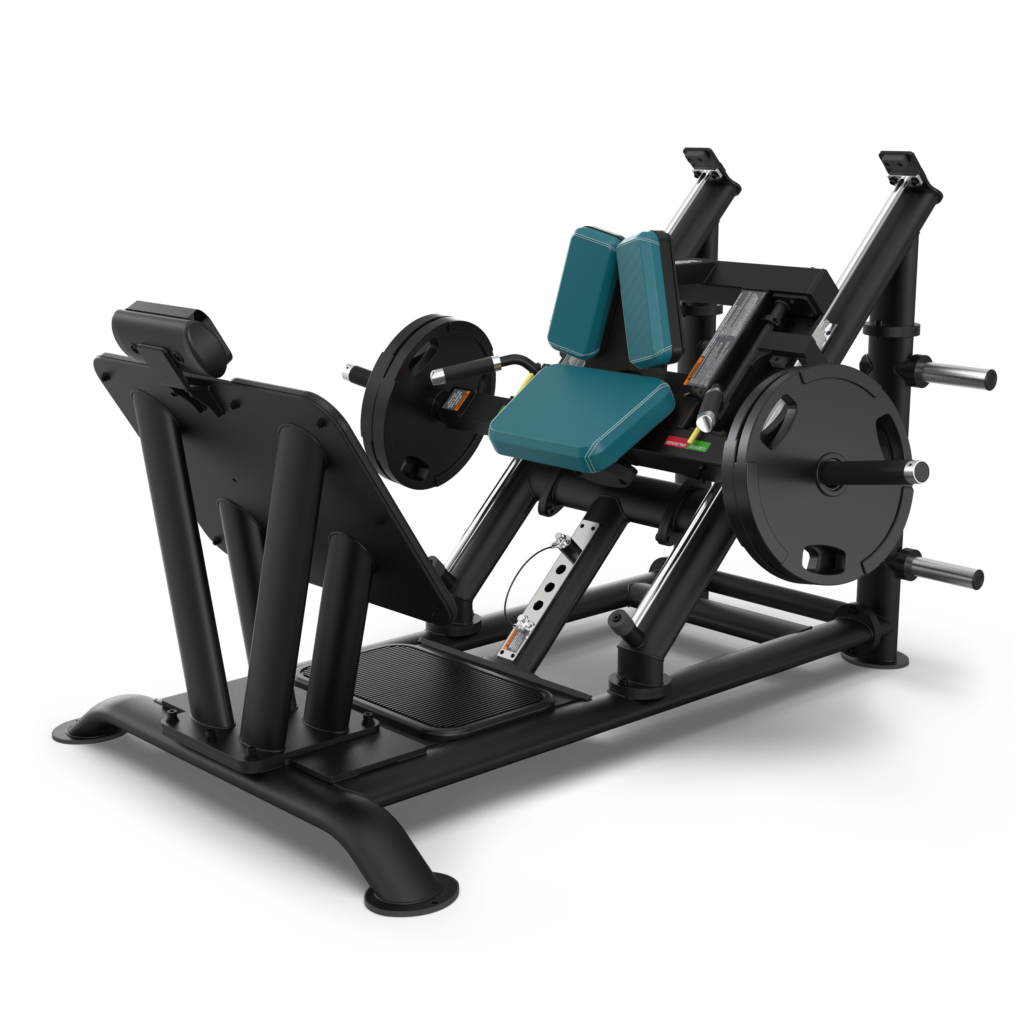 A black and teal leg press machine with weight plates loaded on each side, angled footplate, padded seat, and metal frame, designed for lower body strength training.