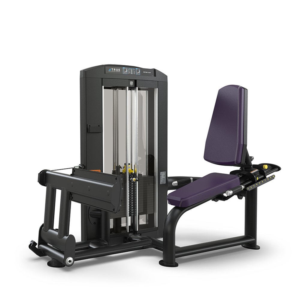 A seated leg extension gym machine with a padded purple seat and backrest, black frame, and weight stack for adjustable resistance, designed for targeting thigh muscles.