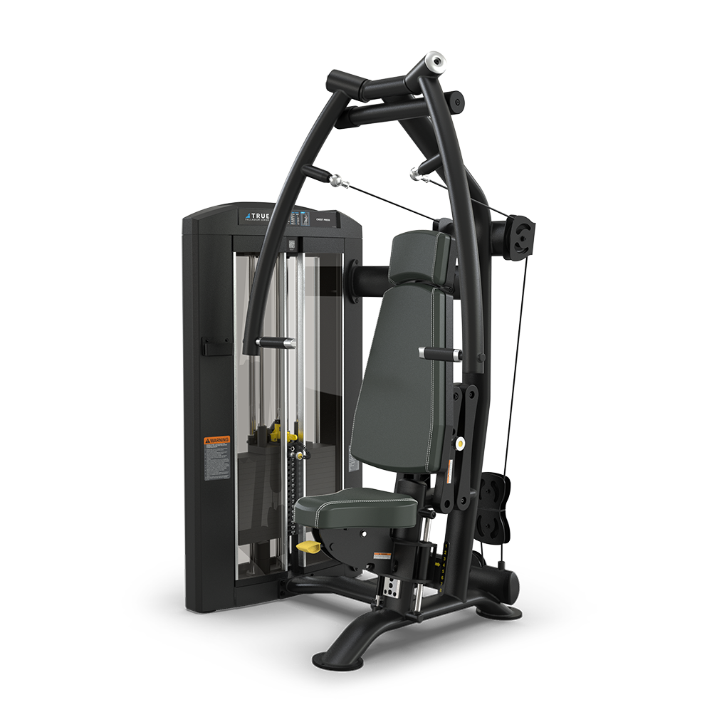 A black and gray gym machine with a padded seat and backrest designed for upper body workouts, featuring adjustable weights and cable pulleys on a sturdy frame, set against a plain white background.