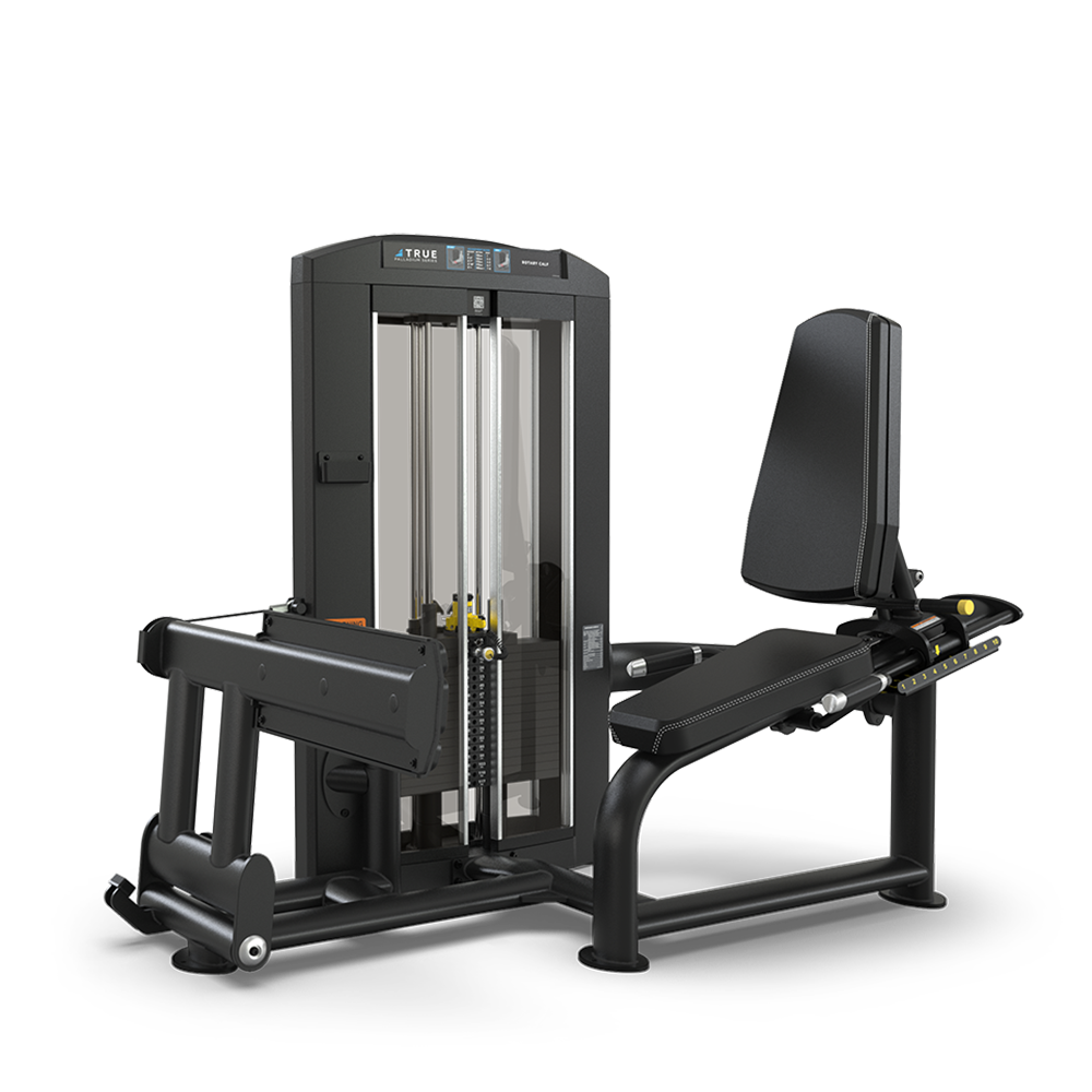 A black leg press gym machine with a padded seat, angled backrest, foot platform, and weight stack on a white background. The machine is designed for lower body strength training exercises.