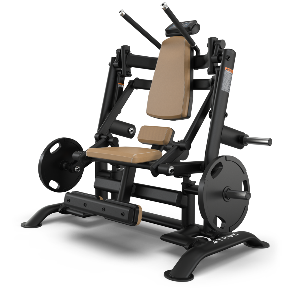 A black and beige seated machine press gym equipment with padded seat and backrest, handles above, and weight plates on the sides, designed for upper body strength training.