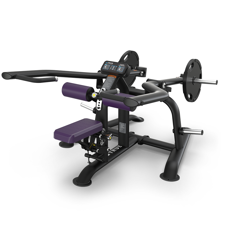 A black and purple seated weight machine with padded seat and leg support, handlebars, a digital display, and weight plate holders on both sides, designed for strength training exercises.