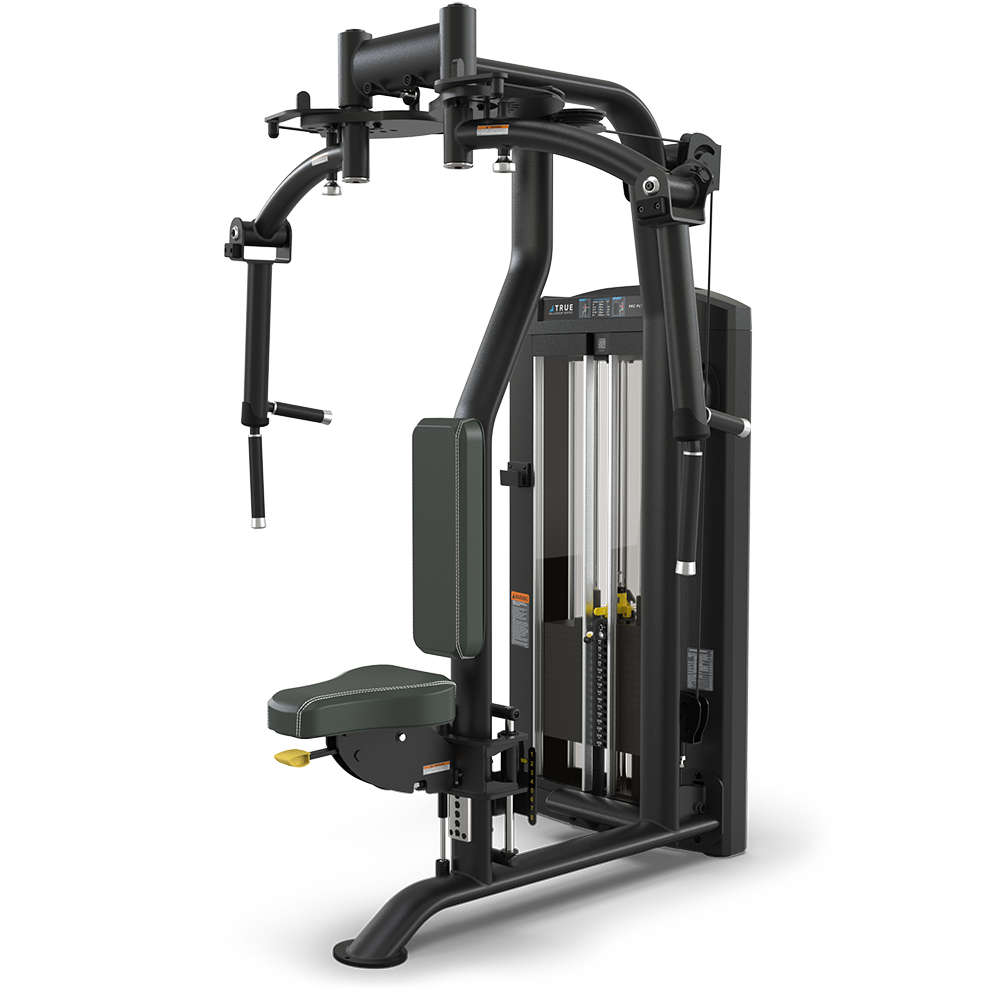 A black and gray gym machine with padding, adjustable weights, and handles, designed for upper body exercises such as chest press and pec fly, set against a plain white background.