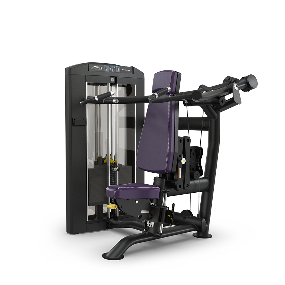 A black and purple gym machine designed for seated chest press exercises, featuring a padded seat, backrest, and handles, with a weight stack and adjustable settings.