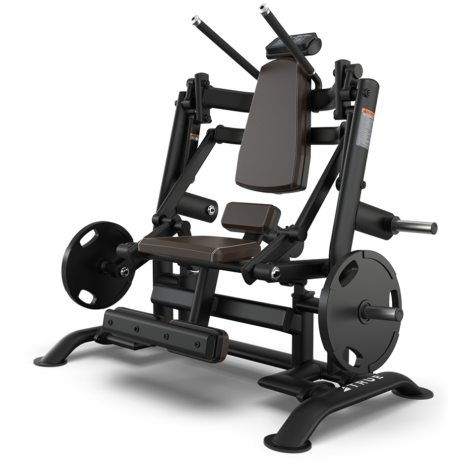 A black and brown seated gym machine with padded seat and backrest, footrests, handles, and weight plates on each side, designed for leg press or lower body exercises.