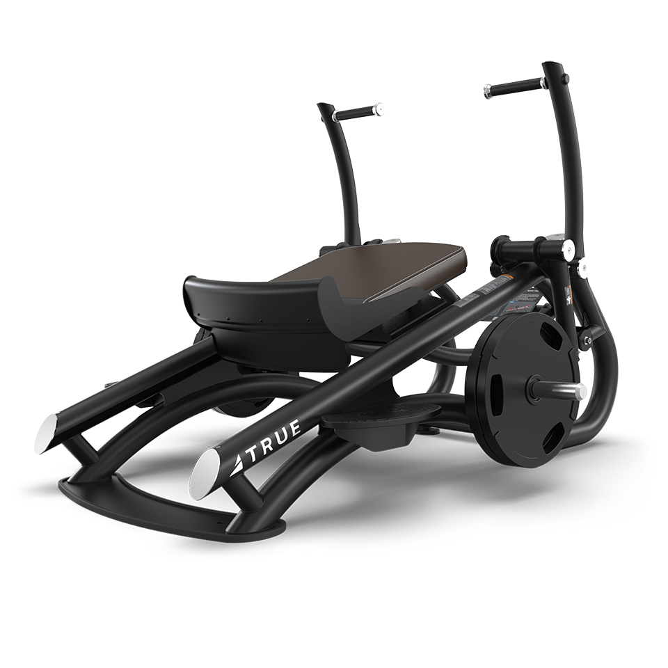 A black and silver leg press exercise machine with a seat, foot platform, and handles, designed for strength training. The brand TRUE is visible on the side. The machine is set against a plain white background.