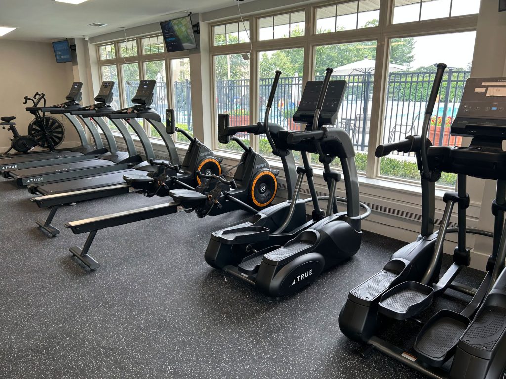 A gym with large windows features treadmills, rowing machines, and elliptical trainers neatly lined up on a rubber floor. Trees and a swimming pool are visible outside. The space is well-lit with natural light.