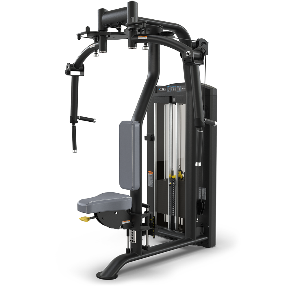 A black and gray weight machine with a padded seat and backrest, adjustable handles, and a vertical weight stack, designed for performing chest fly and chest press exercises in a gym setting.