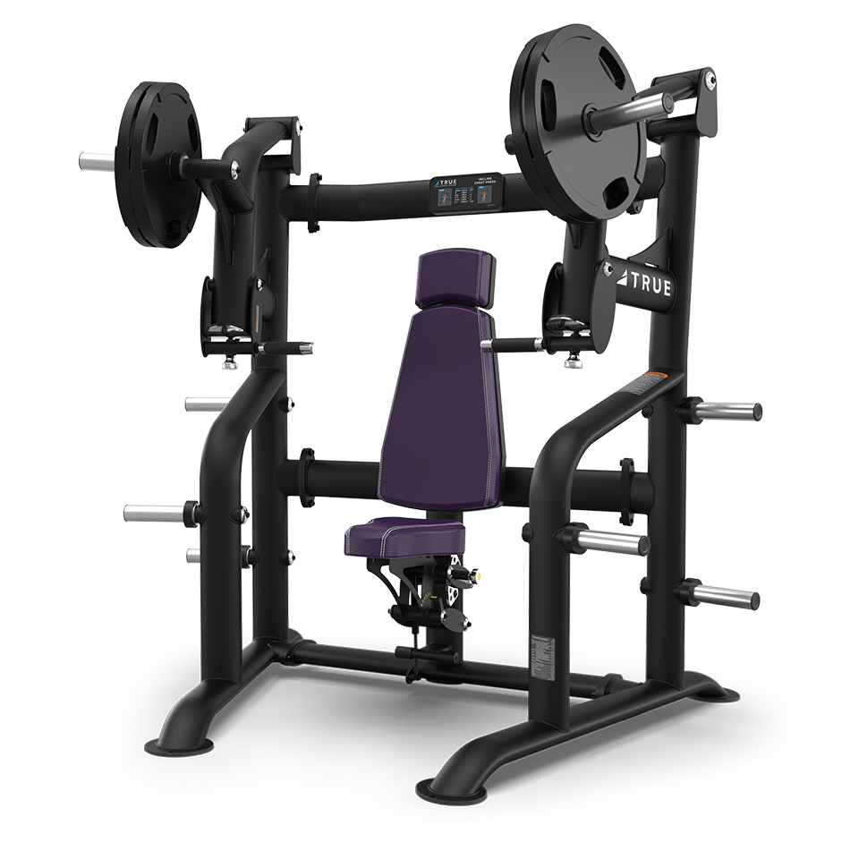 A black and purple seated chest press machine with weight plates attached, designed for upper body strength training, shown against a plain white background.