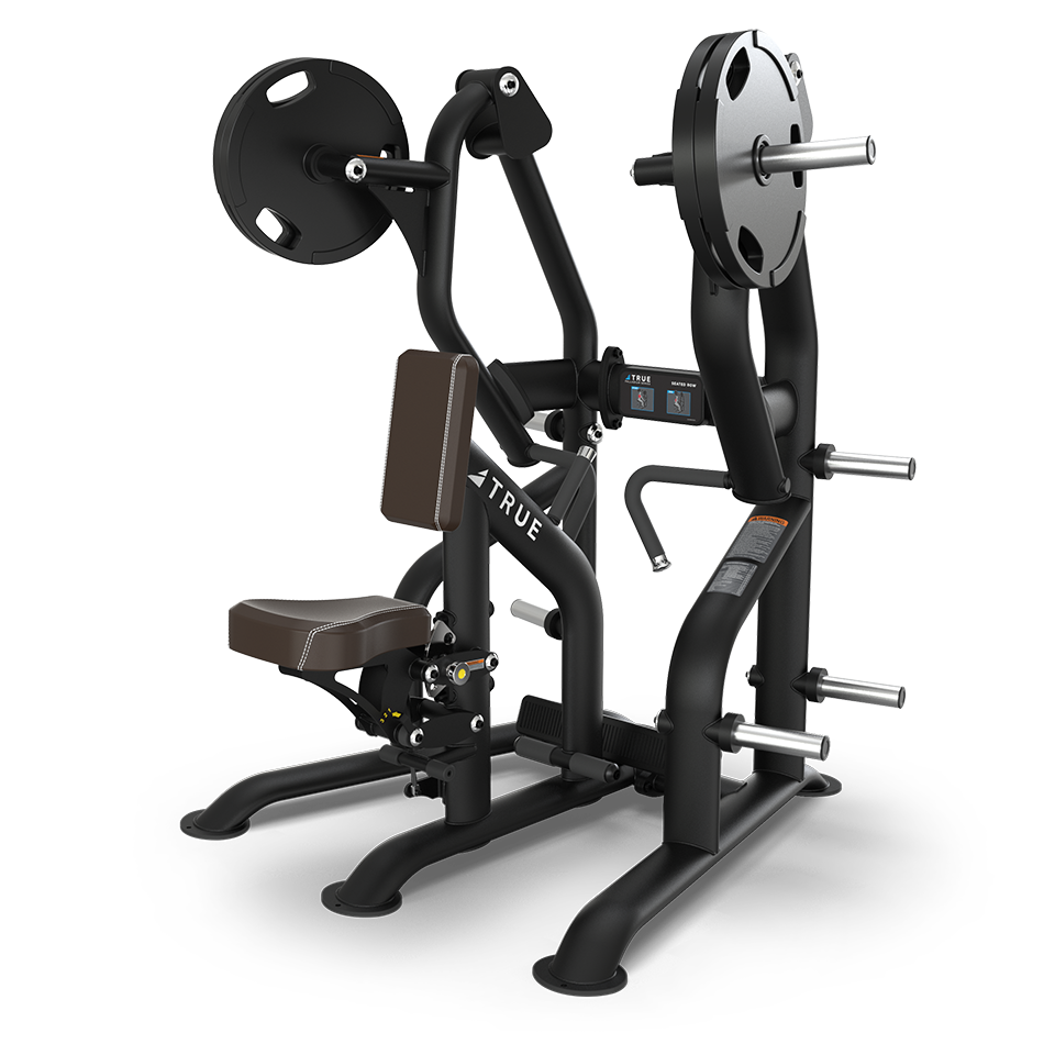 A black, plate-loaded strength training machine with padded seat and backrest, designed for upper body exercises. Weight plates are mounted on both sides, and the frame has handles and foot support bars.