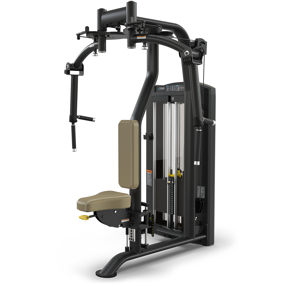 A black and gray weight machine with a padded tan seat and backrest, two adjustable arm handles, and a vertical stack of weights, designed for chest and upper body exercises in a gym setting.