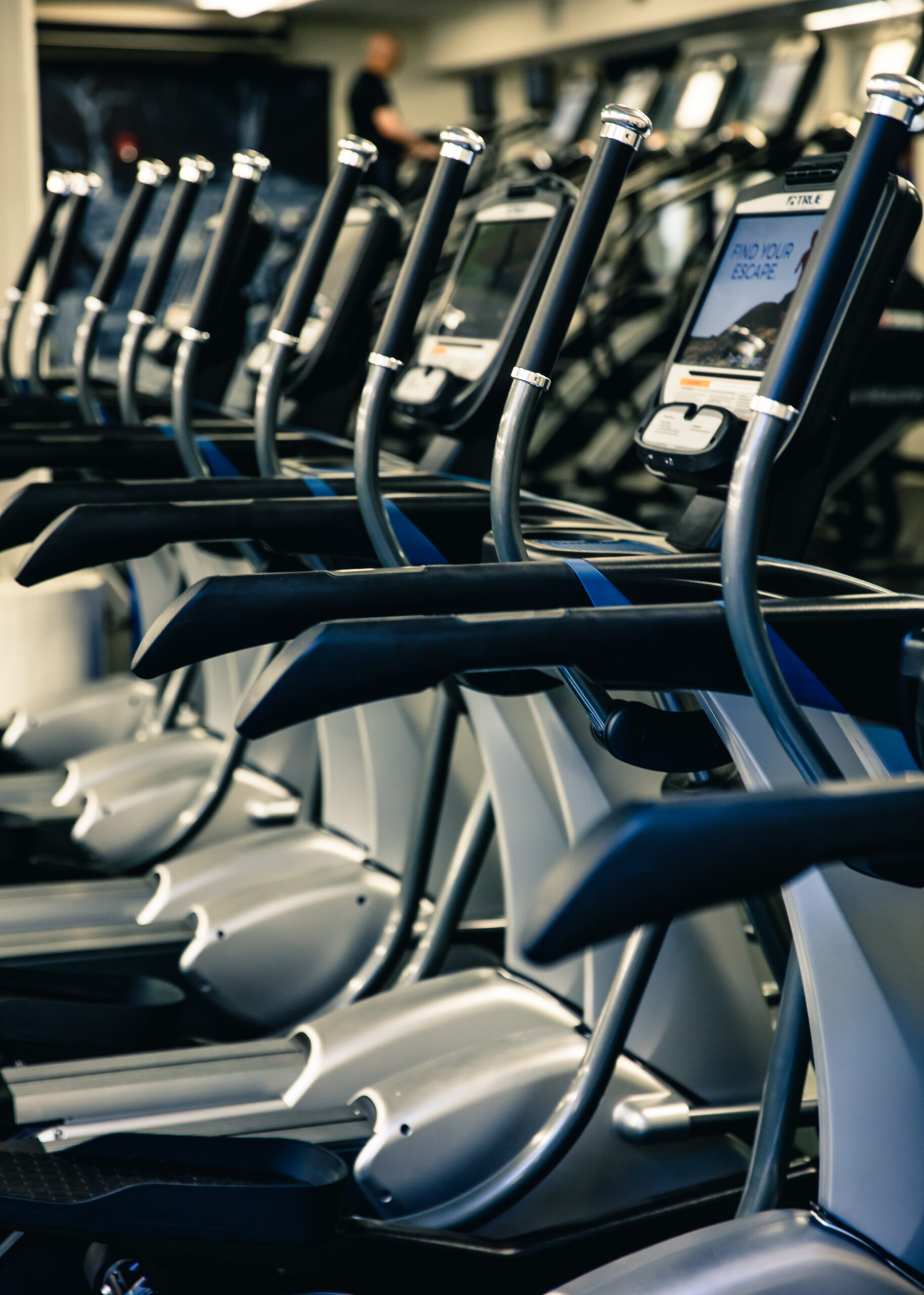 A row of modern elliptical exercise machines in a gym, all aligned closely together, with digital display screens visible on each machine.