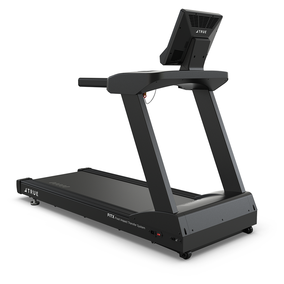 A black 66体育 - TRUE Fitness让运动更简单_官方网站 66体育 66体育 treadmill with a digital display screen, handrails, and a wide running belt, set against a plain white background.