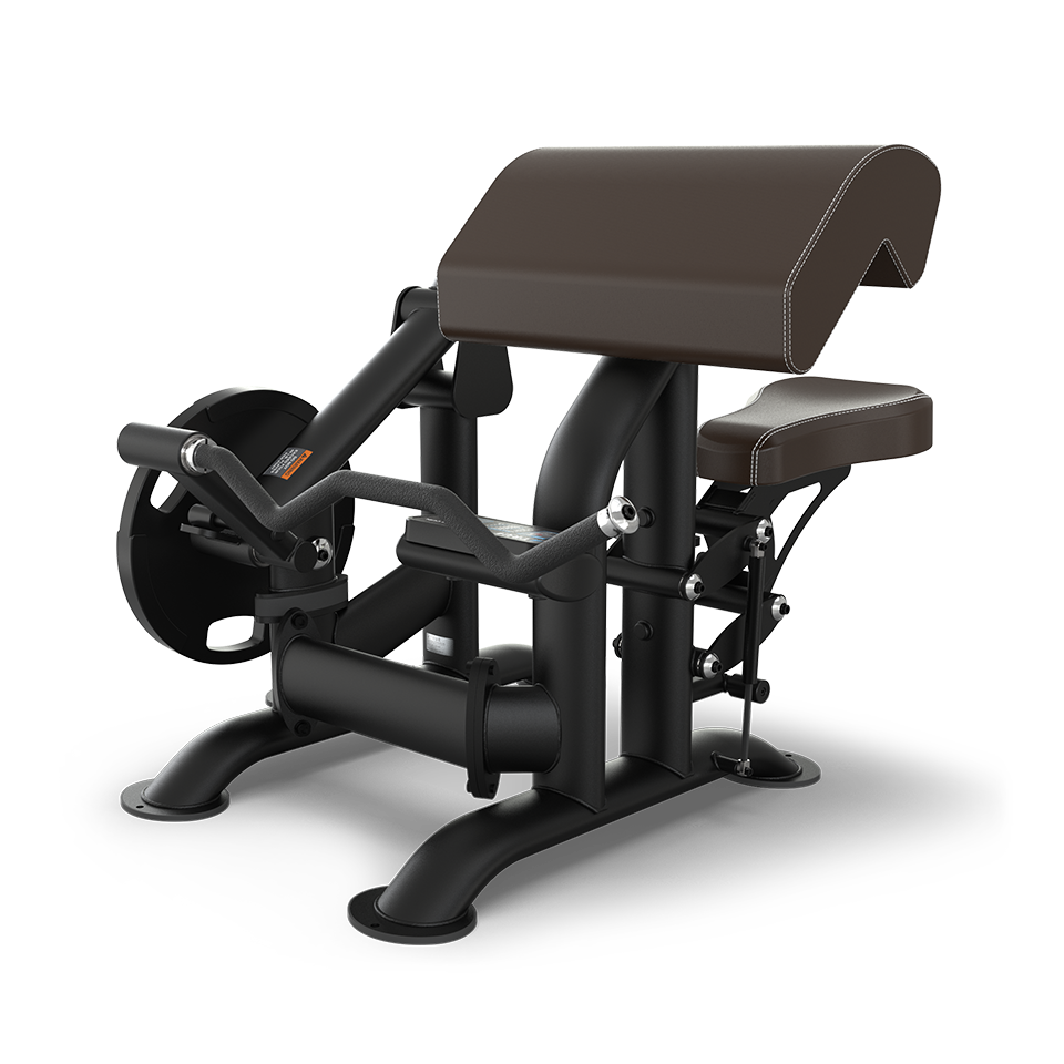 A black and brown seated gym machine designed for preacher curls, featuring cushioned armrests, a padded seat, and barbell holders on each side.