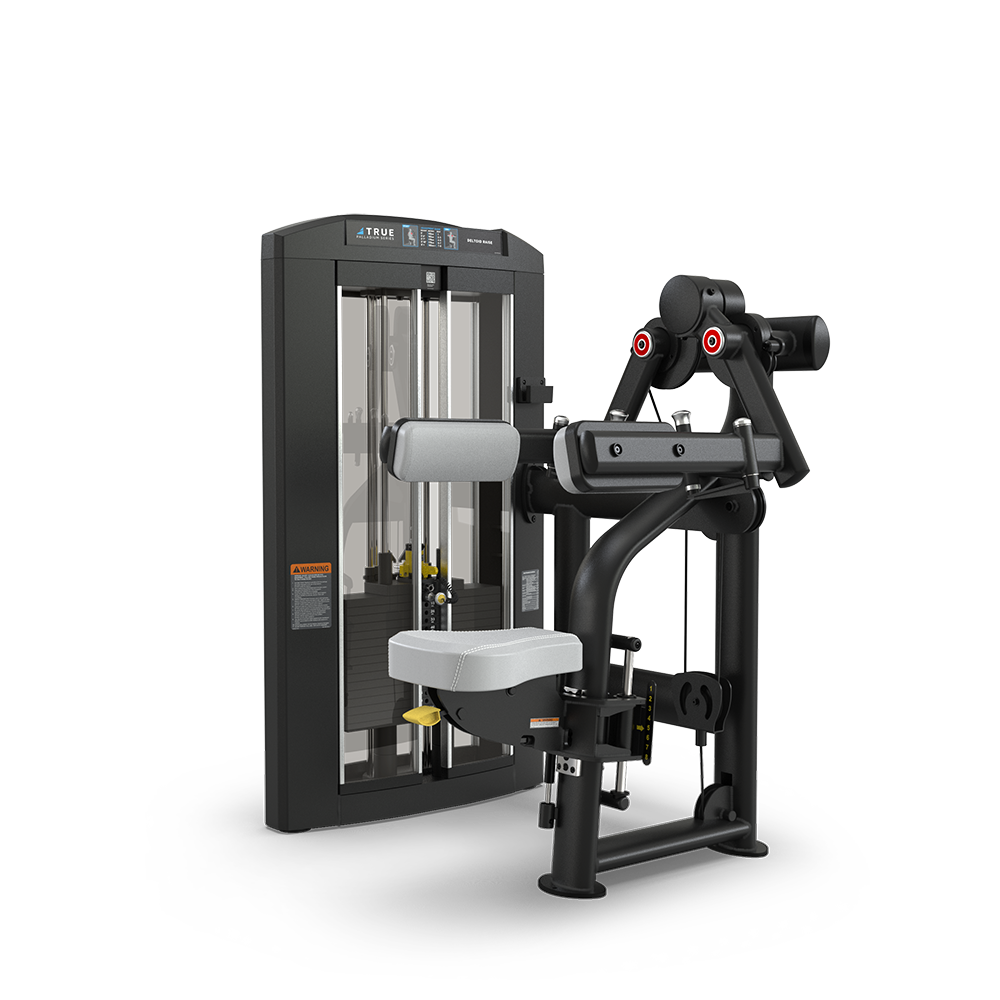 A black and gray seated exercise machine with padded seat, backrest, and arm supports, designed for isolating arm or shoulder workouts, featuring adjustable weights and instructional labels. The background is plain white.
