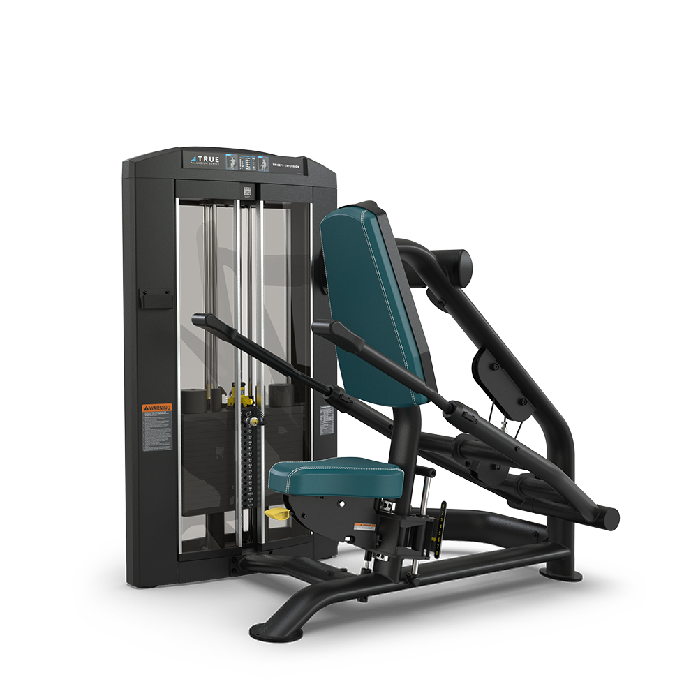 A seated chest press machine with teal padding, black frame, and a weight stack enclosed in a glass case, designed for strength training in gyms.