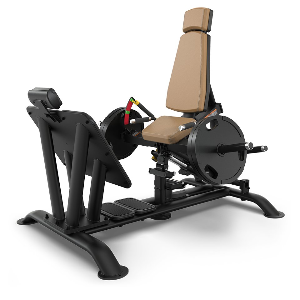 A black and tan leg press gym machine with an adjustable padded seat, footplate, and weight plates, designed for lower body strength training, shown on a plain white background.