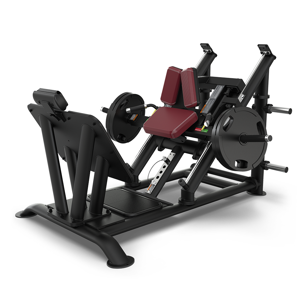 A black and red leg press machine with weight plates loaded on both sides, featuring angled back and seat pads, foot platform, and sturdy frame, designed for lower body strength training in a gym setting.