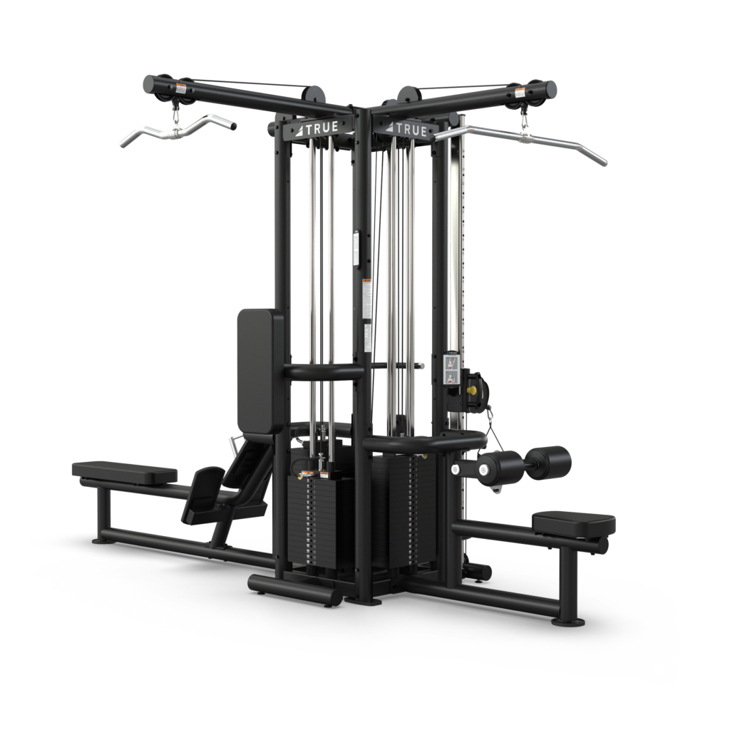 A multi-station gym machine with pulleys, weights, and various attachments, including lat pulldown bars, benches, and cables, designed for strength training exercises. The equipment is black with metallic accents.