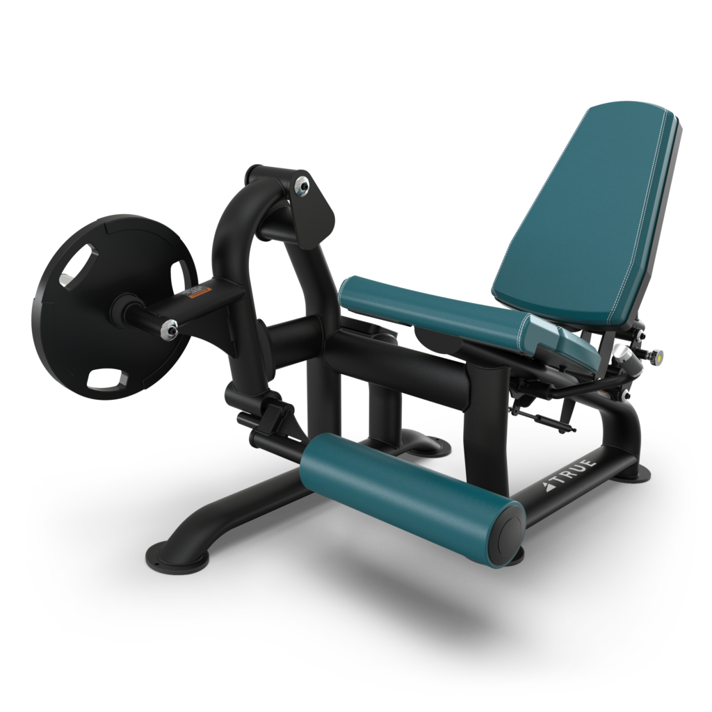 A teal and black leg extension machine with padded seat, backrest, and leg rollers, designed for strength training exercises, displayed on a white background.