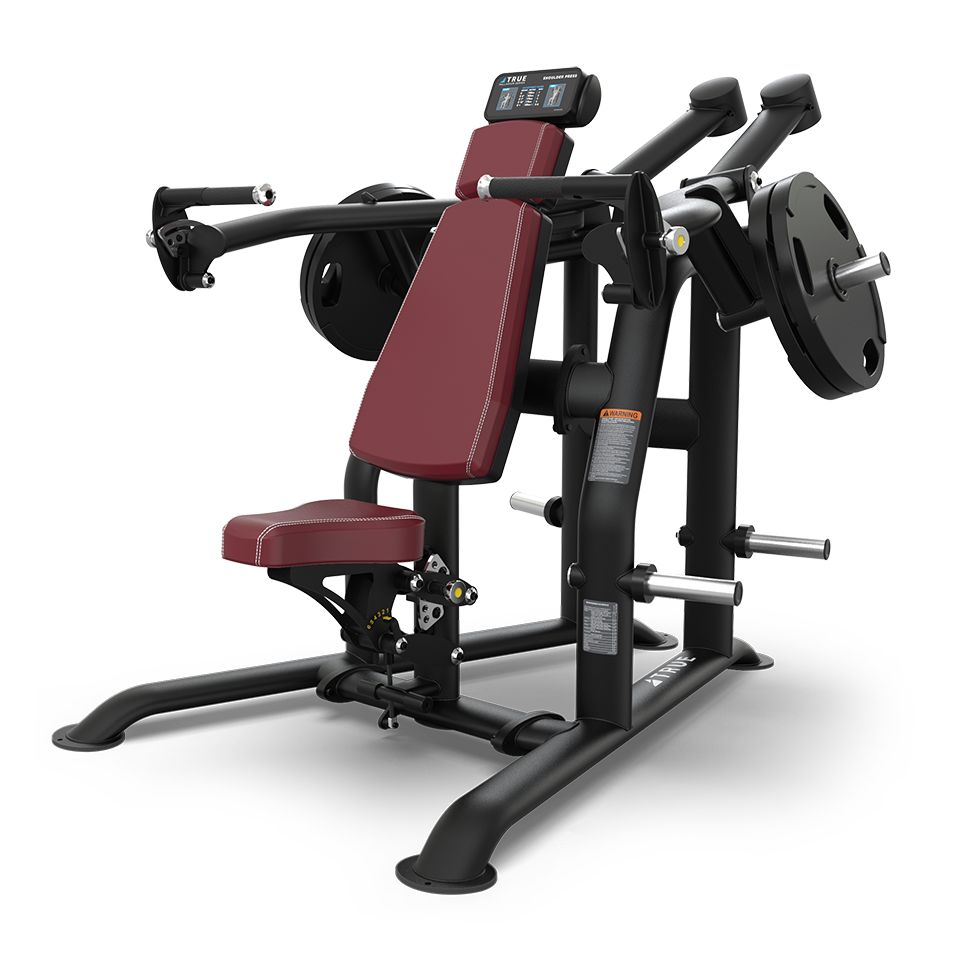 A plate-loaded chest press gym machine with red padded seat and backrest, black frame, handles, weight plate holders, and instructional labels, designed for upper body strength training.