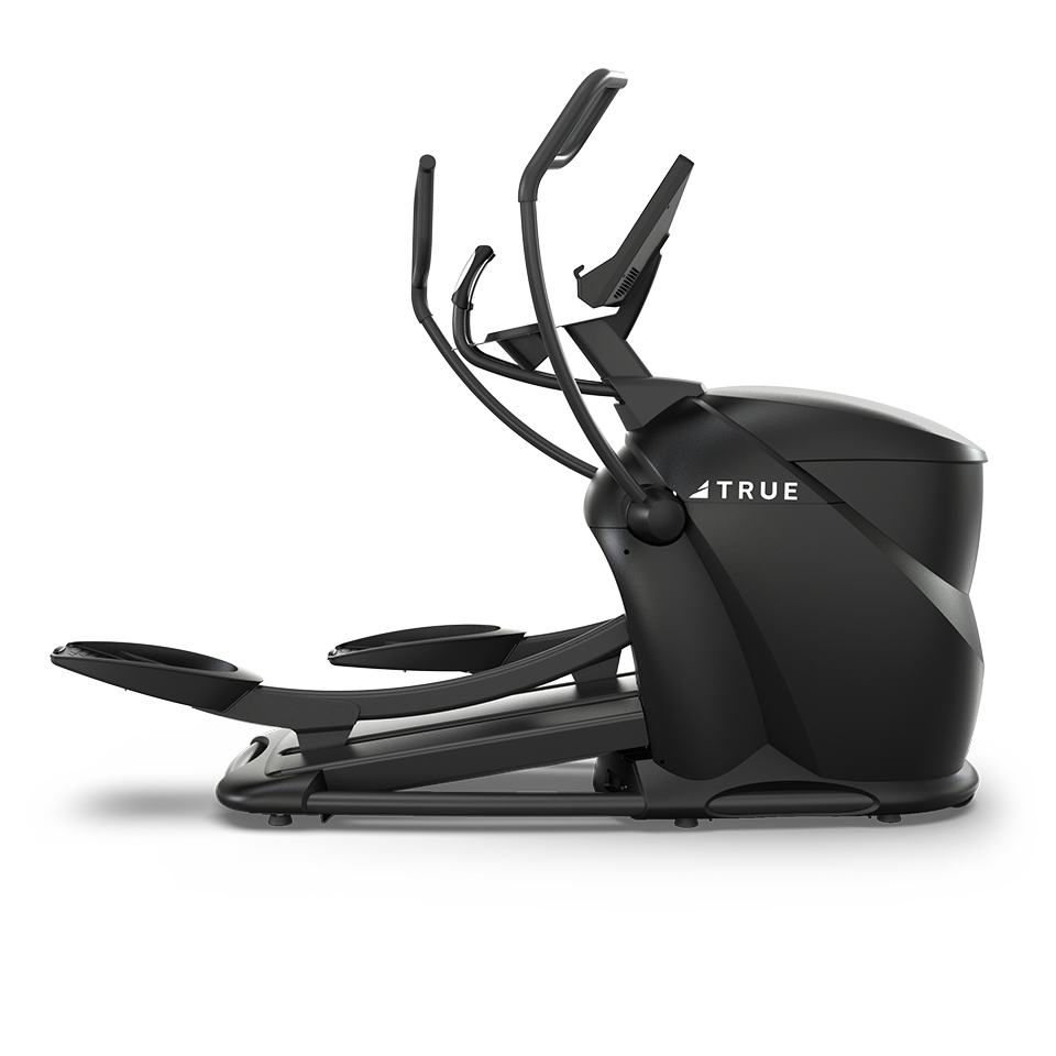 A sleek, black elliptical exercise machine with curved handles and large foot pedals, viewed from the side against a plain white background. The word TRUE is printed on the machine’s body.