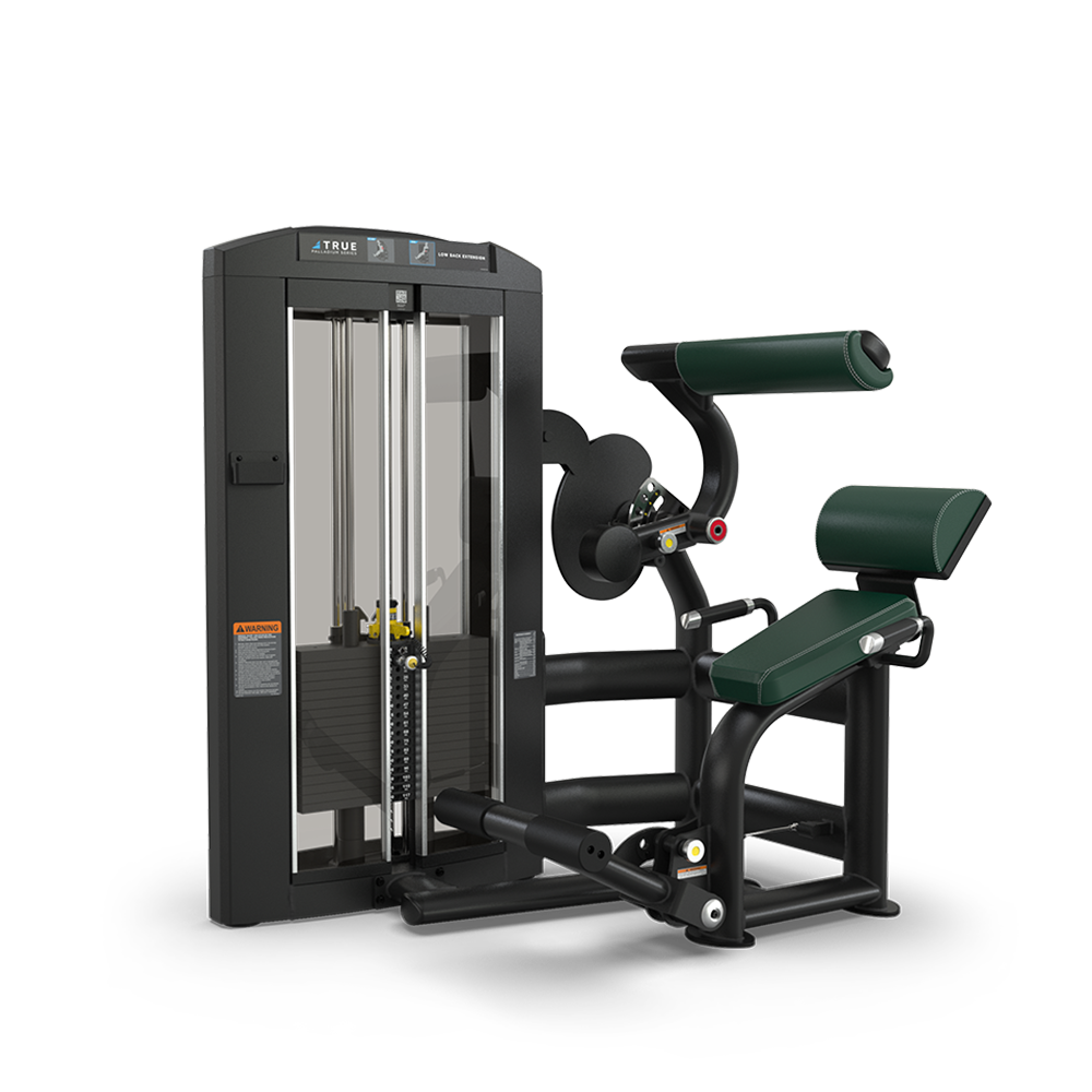 A black and green commercial gym machine designed for seated abdominal exercises, with padded supports for the back and legs, weight stack, and adjustable settings, all on a white background.