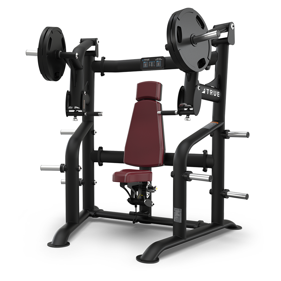 A black and maroon plate-loaded chest press machine with weight plates attached, featuring a padded seat and backrest, designed for strength training.