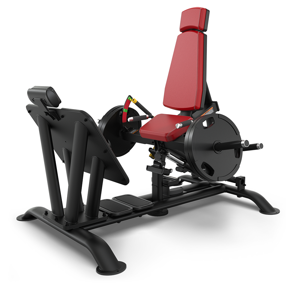 A black and red leg press machine with a padded seat and backrest, adjustable footplate, and weight plate holders, designed for gym or fitness use.
