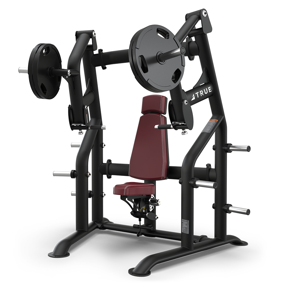 A black and maroon gym machine for seated chest press exercises, with weight plates loaded on the arms and additional storage pegs for weights on the sides.
