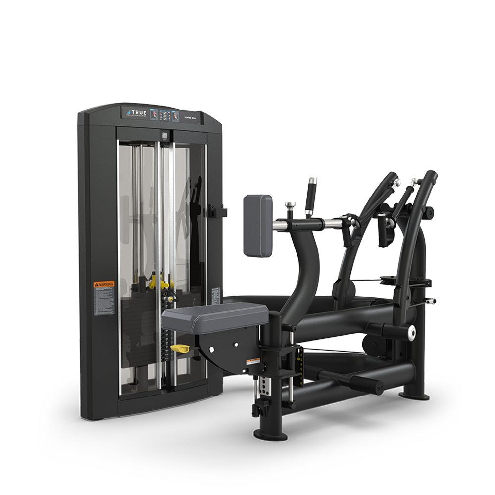 A black multi-functional gym machine with adjustable pulleys, padded seat, and various handles and bars designed for strength training exercises. The machine has a digital display and weight stack.