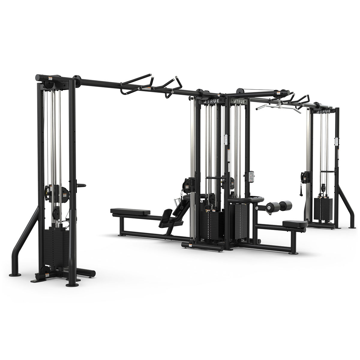 A multi-station gym machine with various workout stations, including cable pulleys, pull-up bars, benches, and weight stacks, designed for strength training exercises.