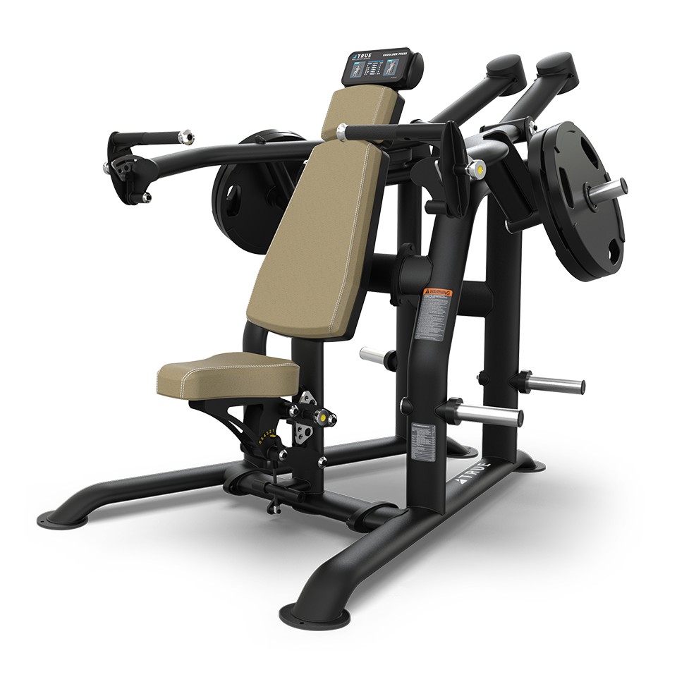 A beige and black plate-loaded chest press machine with padded seat and backrest, dual handles, weight pegs for plates, and a sturdy metal frame, designed for upper body strength training.