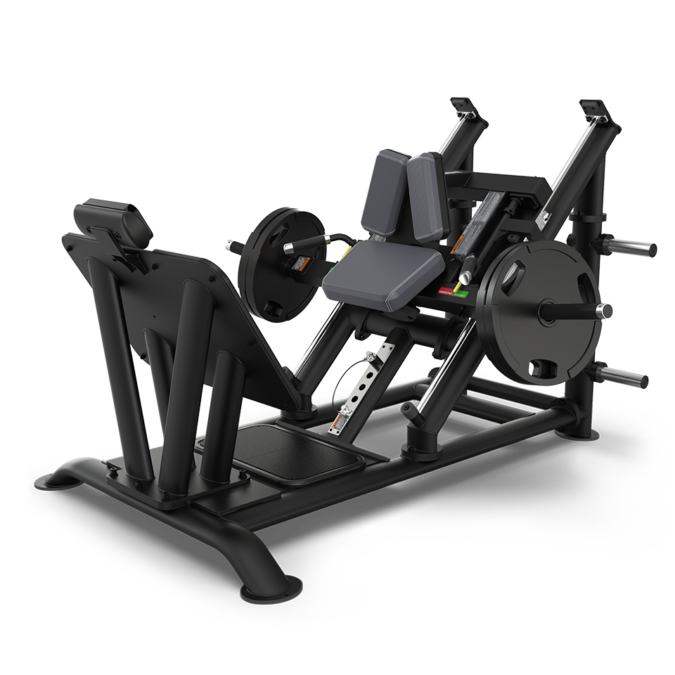 A black leg press machine with padded seat and backrest, angled footplate, weight plates loaded on both sides, and sturdy metal frame against a plain white background.
