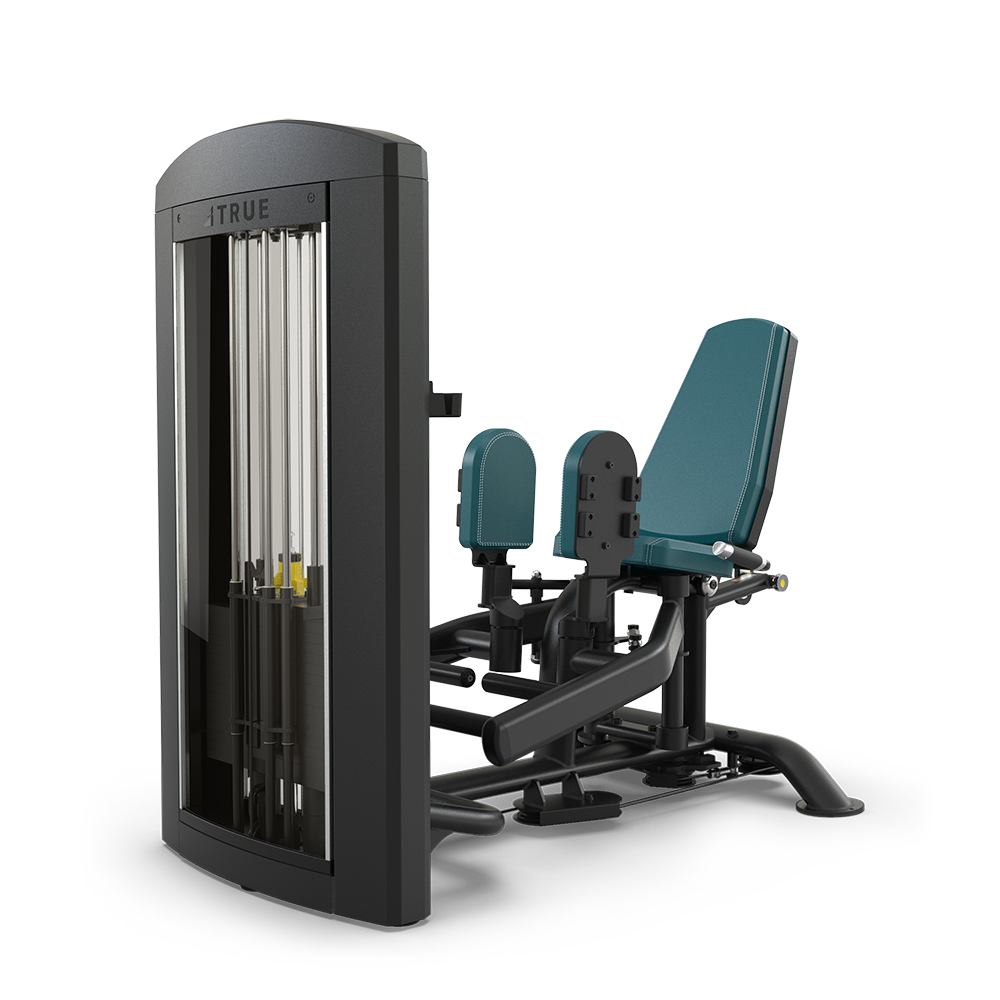 A commercial gym machine with padded seat and backrest, metal frame, and weight stack, designed for seated hip abductor and adductor leg exercises.