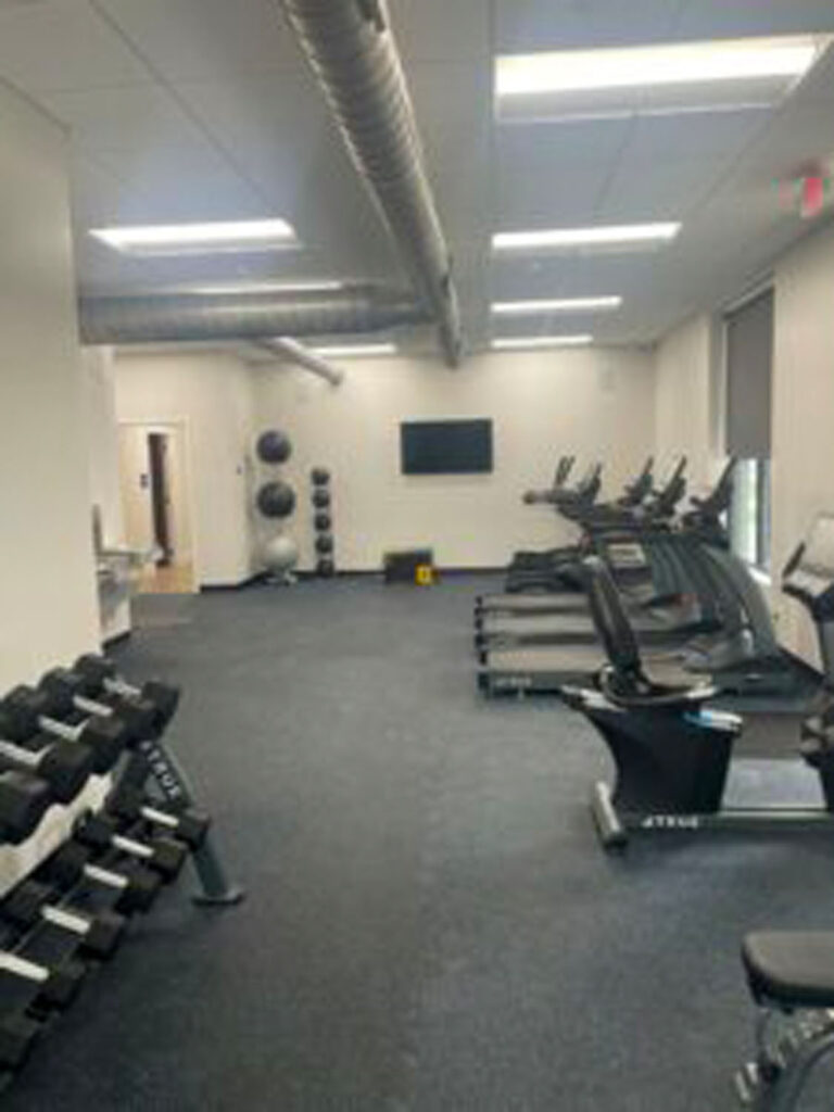 A gym with treadmills lined up on the right, a rack of dumbbells on the left, exercise balls and a TV mounted on the far wall, and bright overhead lighting.