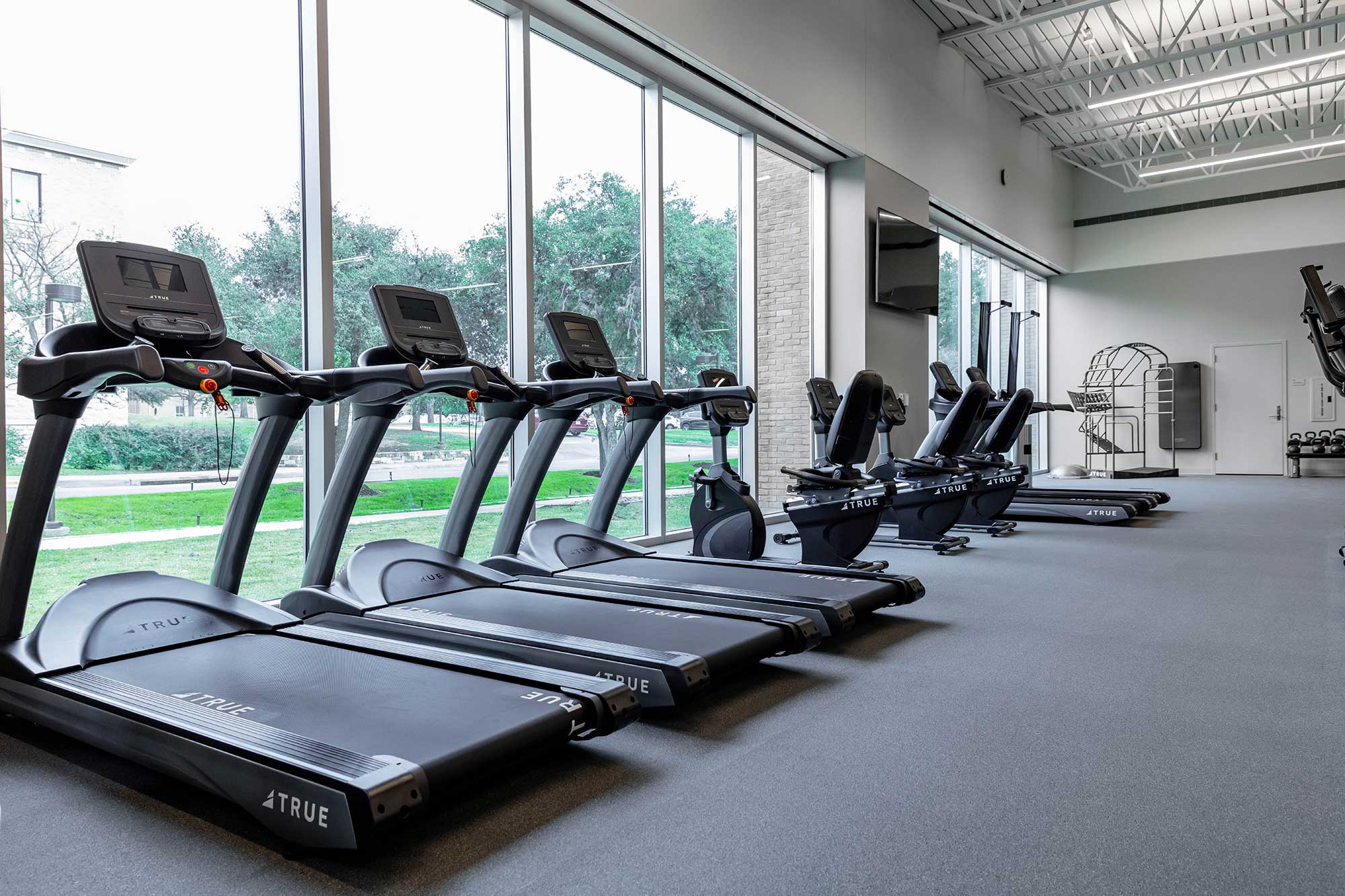 A modern gym with large windows features a row of treadmills and stationary bikes on a gray floor, overlooking a green outdoor area. The room is well-lit with natural light and has a minimalist design.