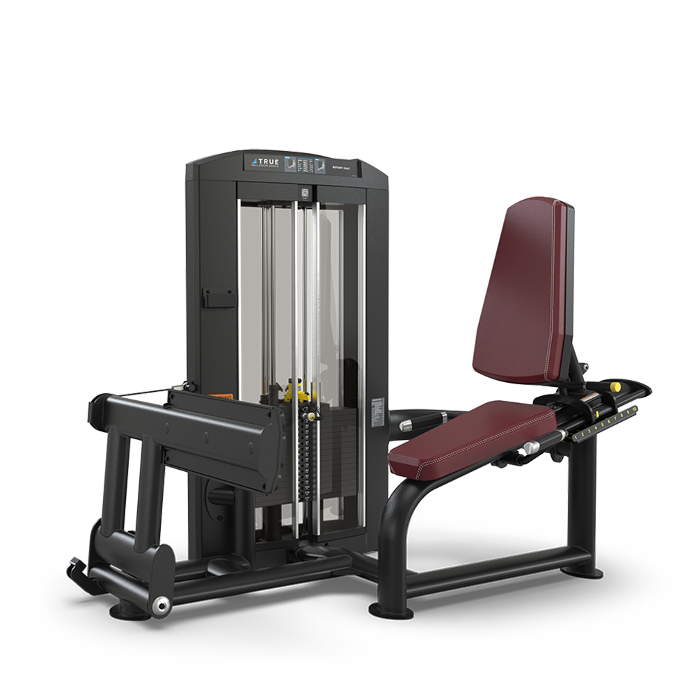 A leg exercise machine with a padded maroon seat and backrest, black frame, and weight stack, designed for performing seated leg extensions and leg curls in a gym setting.