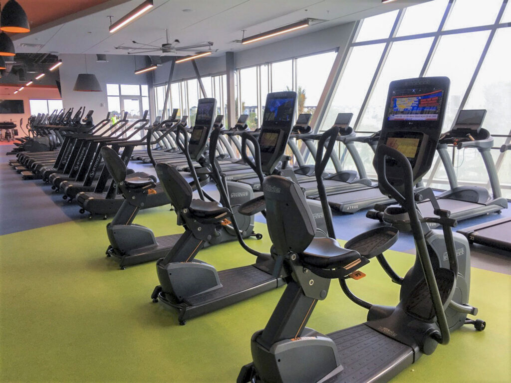 A row of stationary exercise bikes and treadmills in a bright, modern gym with large windows letting in natural light. The machines face forward and the gym appears empty.
