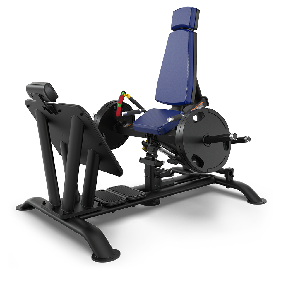 A black and blue leg press machine with padded seat and backrest, footplate, and adjustable weights, designed for strength training in a gym setting.