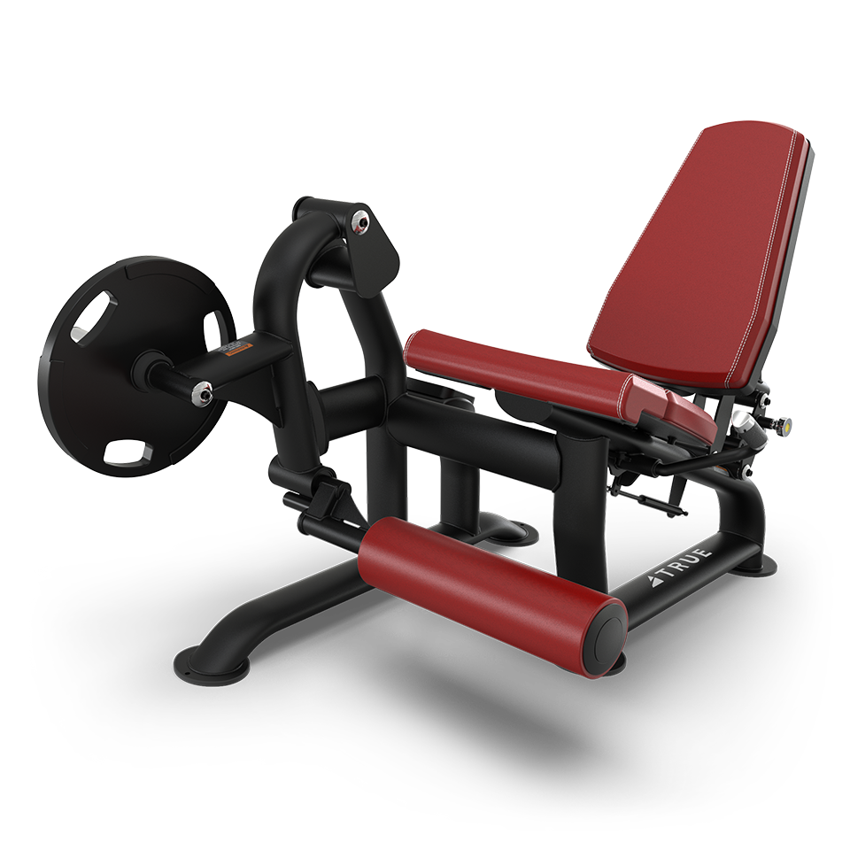 A black and red leg extension machine with padded seat and leg rollers, designed for strength training, on a white background.