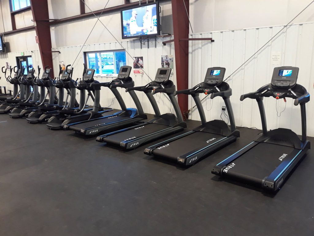 A row of treadmills and elliptical machines in a gym with black flooring, white and brown walls, and a TV mounted on the wall in the background. The area is clean and empty.